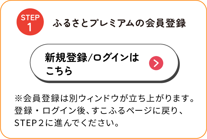 ふるさとプレミアムの会員登録 新規登録/ログインはこちら ※会員登録は別ウィンドウが立ち上がります。登録・ログイン後、すこふるページに戻り、STEP２に進んでください。
