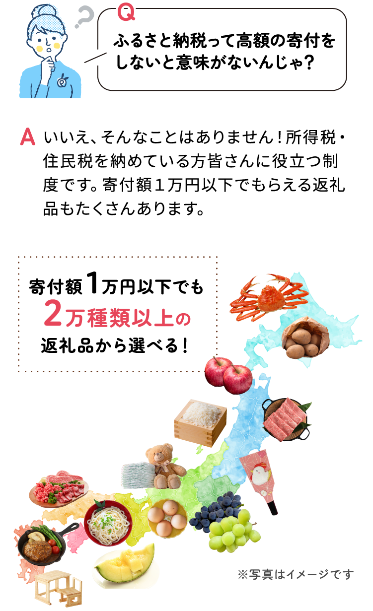 Q ふるさと納税って高額の寄付をしないと意味がないんじゃ？ A いいえ、そんなことはありません！所得税・住民税を納めている方皆さんに役立つ制度です。寄付額１万円以下でもらえる返礼品もたくさんあります。