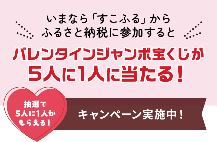 いまなら「すこふる」からふるさと納税に参加するとバレンタインジャンボ宝くじが5人に1人に当たる！ 